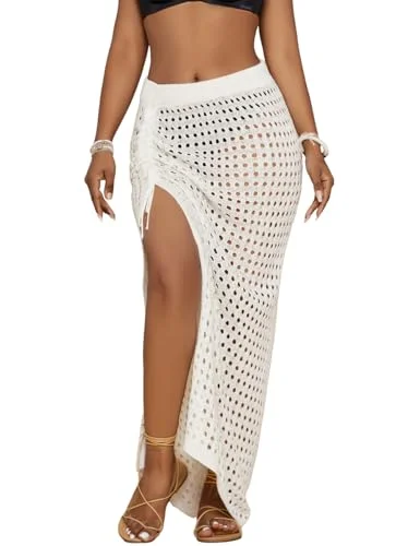 ladies cover-up reef vibe -Crochet Drawstring White Swimsuit Wrap Cover Up