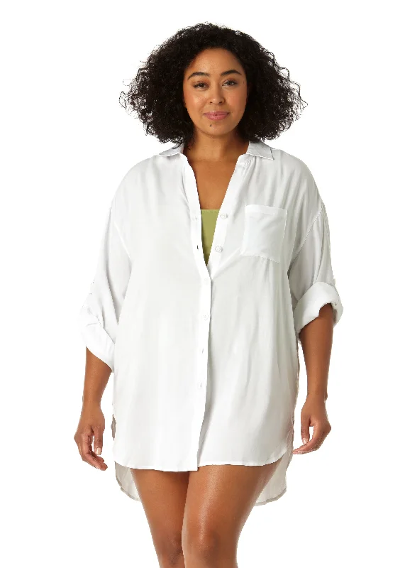 ladies cover-up summer splash -Women's Plus Size Live In Color Button Down Shirt Swimsuit Cover Up