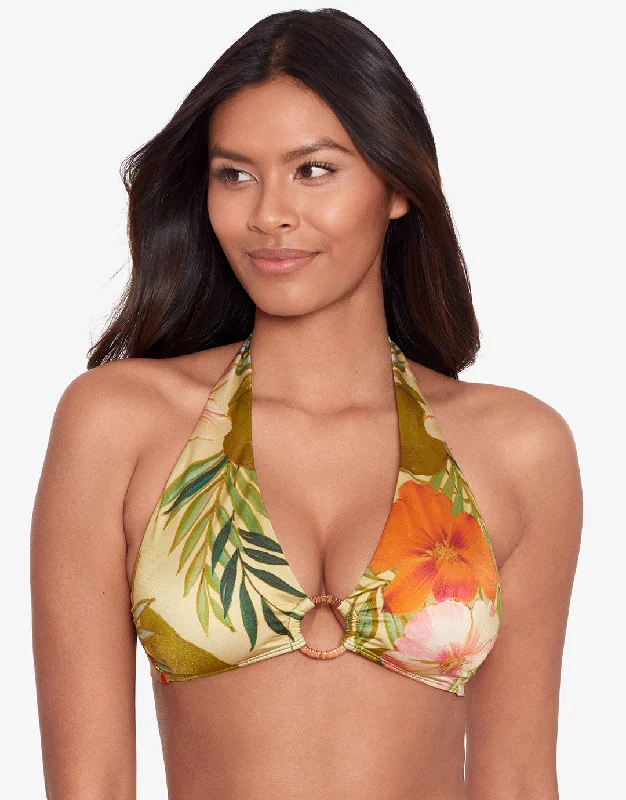 Women’s bikini top khaki woven glow -Island Tropical Rattan Ring Halter Bikini Top - Print