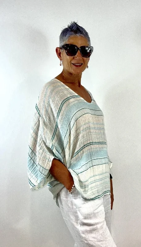 ladies cover-up flash offer -La Strada LST21-920 Stripy Kaftan Cheesecloth - Celeste