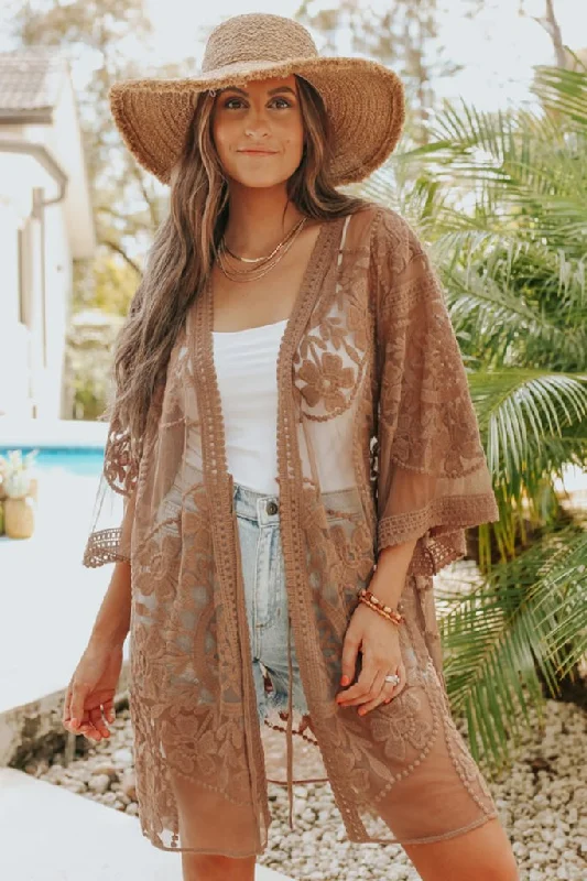 ladies cover-up split sleeves -Embroidery Long Sleeve Lace Kimono Duster