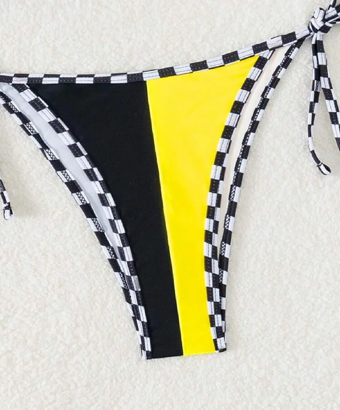 ladies bikini bottoms fluid print -Salty Savage Ladies "OG Smile" Two Tone Side Tie Bikini Bottom | Checkerboard/Yellow