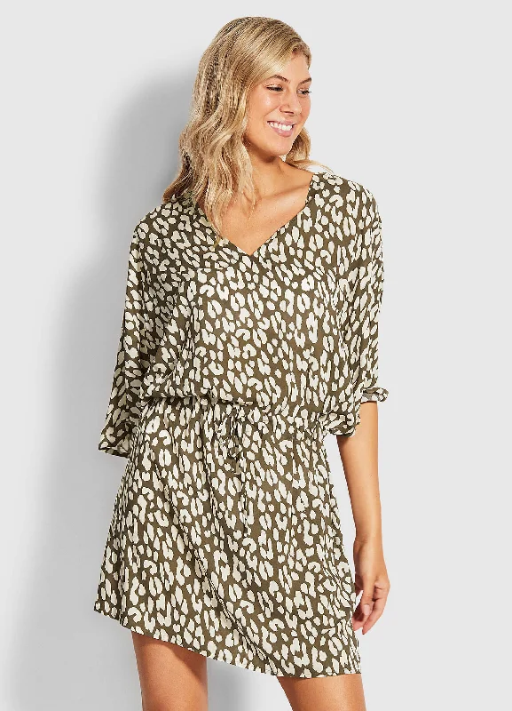 ladies cover-up cheetah pattern -Leopard Kaftan - Khaki