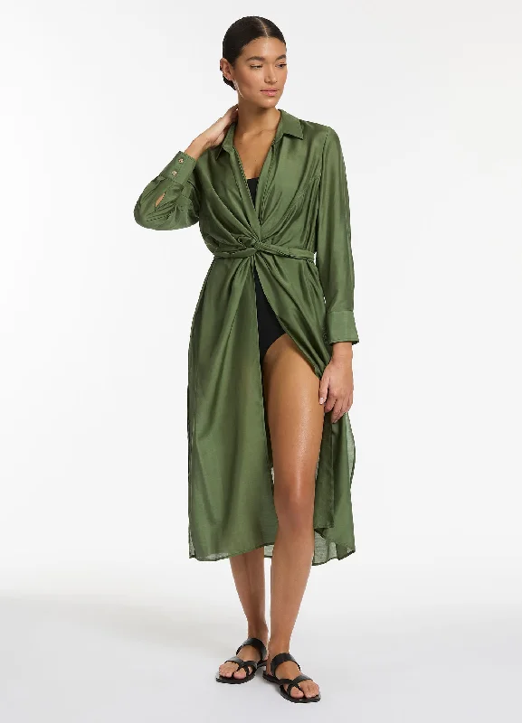 ladies cover-up bold sleeves -Jetset Wrap Shirt Dress - Olive