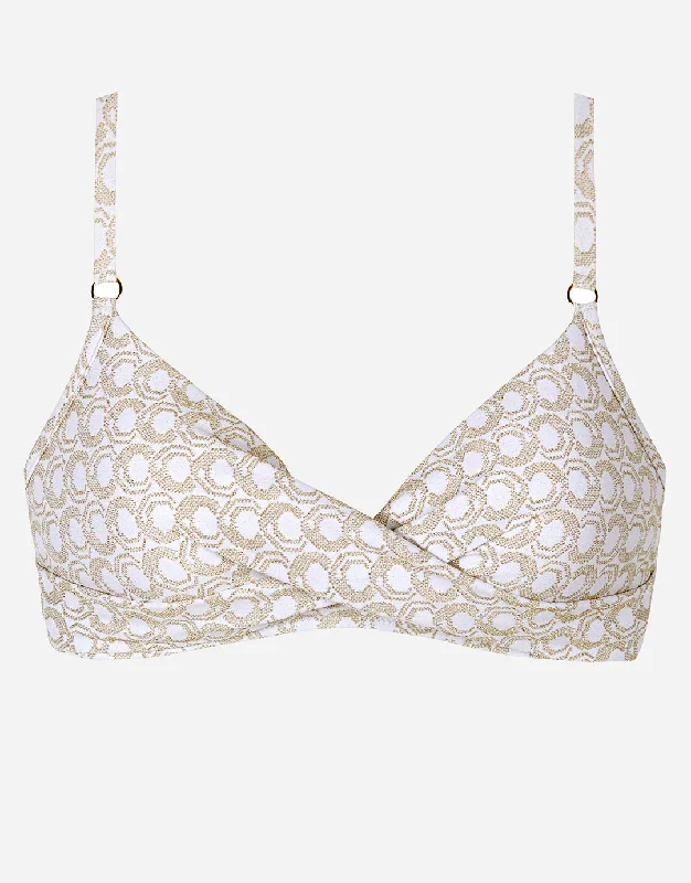 Women’s bikini top beaded chic -Indira Twist Front Bikini Top - White and Gold