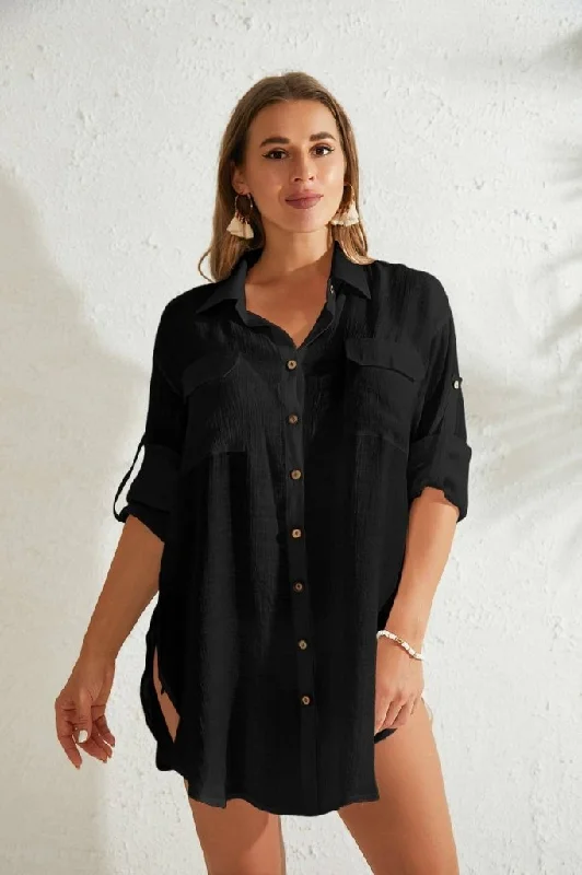 ladies cover-up splash resistant -Button-Down Swimsuit Cover Up Shirt Dress