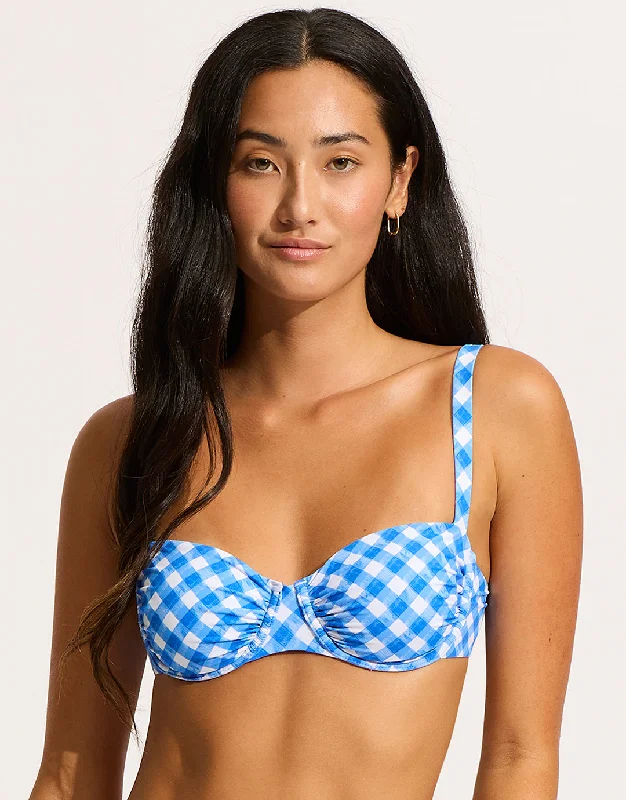 Women’s bikini top chlorine resistant chic -Ciao Bella Check Ruched Underwired Bikini Top - Azure