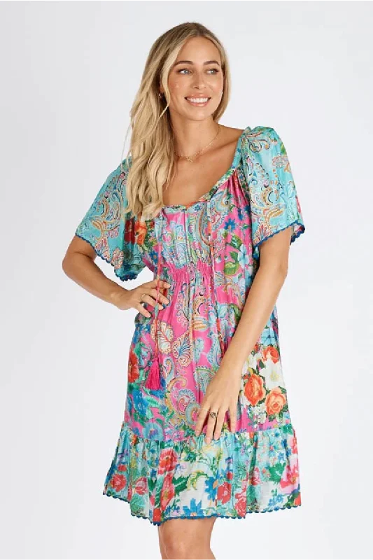 ladies cover-up embroidered hem -Lula Life Finch Shirred Printed Dress