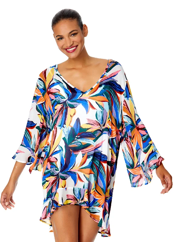 ladies cover-up contoured shape -Women's Riviera Floral Flounce V Neck Tunic Swimsuit Cover Up