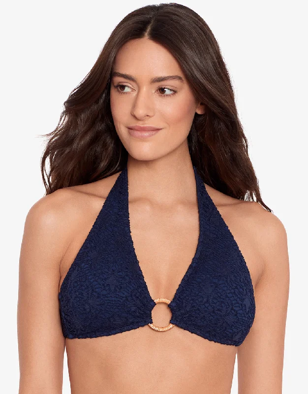 Women’s bikini top taupe velvet chic -Crochet Rattan Ring Halter Bikini Top - Navy