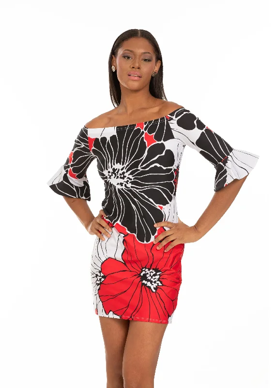 ladies cover-up shore chic -La Spezia Off Shoulder Dress with Ruffle Sleeve (LS-673)