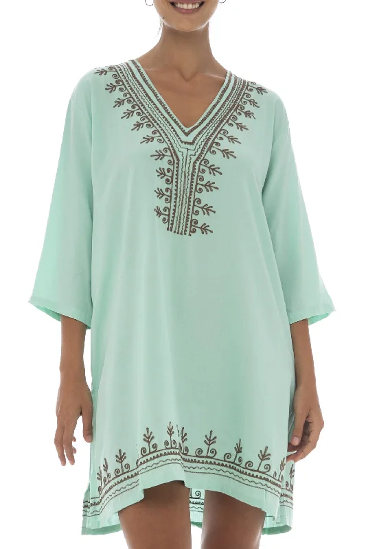 ladies cover-up pearl white -Boho Embroidered Short Casual Tunic Cover Up Dress