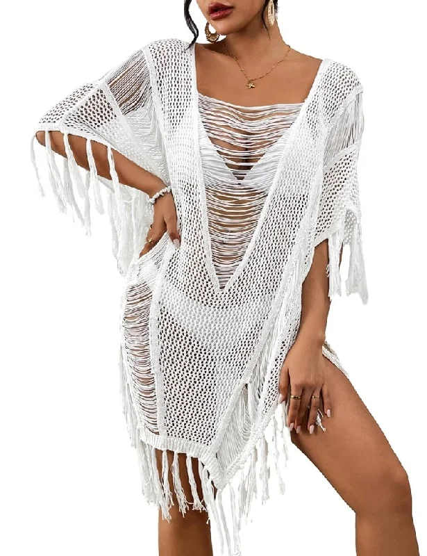 ladies cover-up slim cover -Sheer Bikini Tassel Swimsuit Cover Up Tops