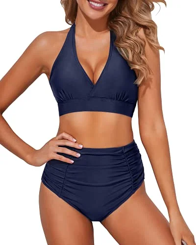 Women’s bikini top mint glow -Summer Beachwear Two Piece Bikini Halter Top And Ruched High Waisted Bikini-Navy Blue