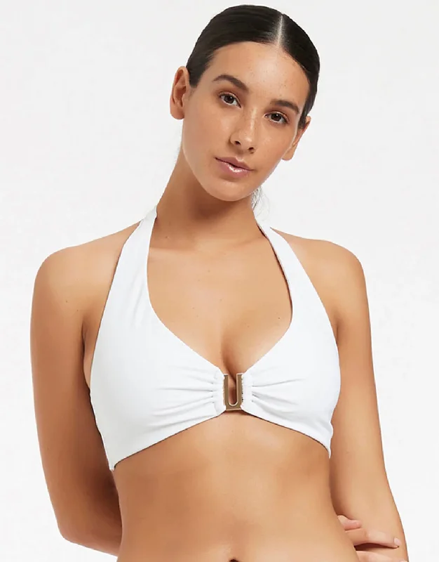 Women’s bikini top petite woven chic -Jetset D DD U Trim Halter Bikini Top - White