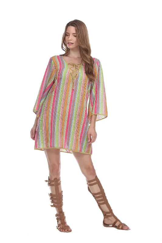 ladies cover-up flowy drape -Multi-Color Stripe Pattern Short Polyester Tunic