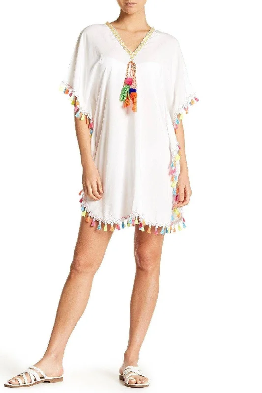 ladies cover-up giraffe print -White Kaftan Style Tunic with Multi Colored Tassels and Ties