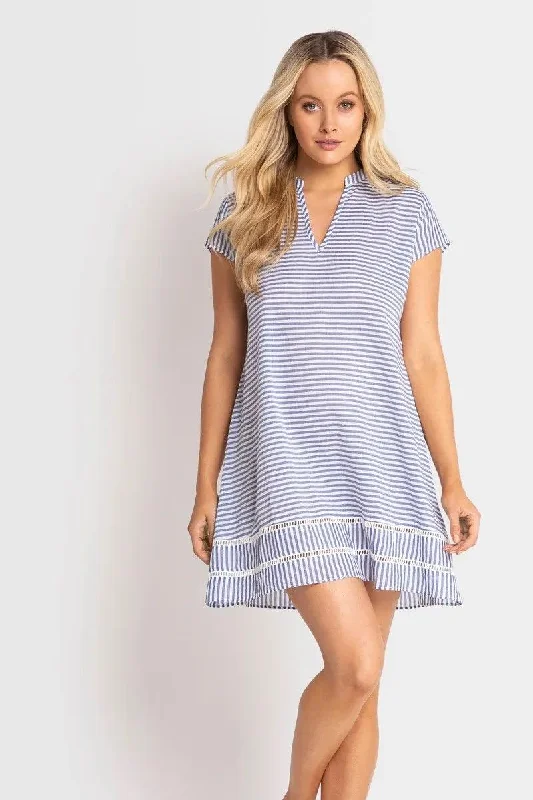 ladies cover-up flat collar -Sunseeker Summer Stripe Cap Sleeve Tunic Blue