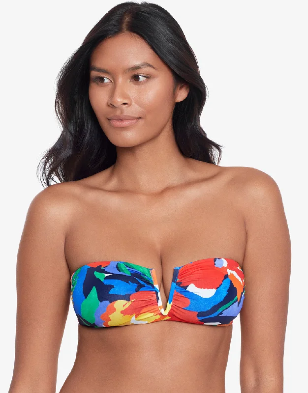 Women’s bikini top low neck glow -Bold Abstract Floral V Wire Bandeau Bikini Top