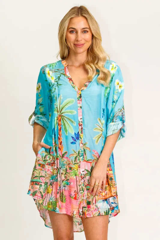 ladies cover-up dim hues -Lula Life Majorca Shirt Dress Lagoon