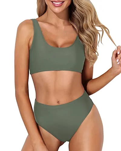 Women’s bikini top sheer flair -Crop Top High Waisted Bikini Set Sports Two Piece Bikini For Women-Army Green