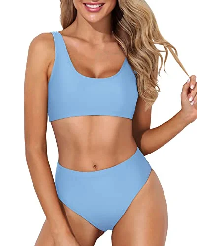 Women’s bikini top sage flair -High Waisted Swimsuit Bottoms Crop Top High Cut Swimsuit-Light Blue