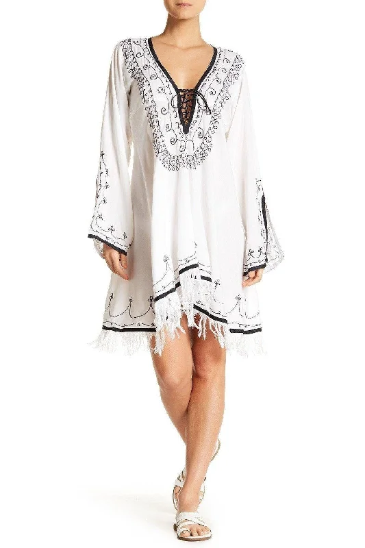 ladies cover-up splatter print -White Cross Ties With Embroidery And Tassels / Tunic Style Dress