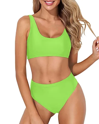 Women’s bikini top terracotta glow -High Leg Cut Swimsuit Crop Top Two Piece Scoop Neck Bikini For Women-Neon Green