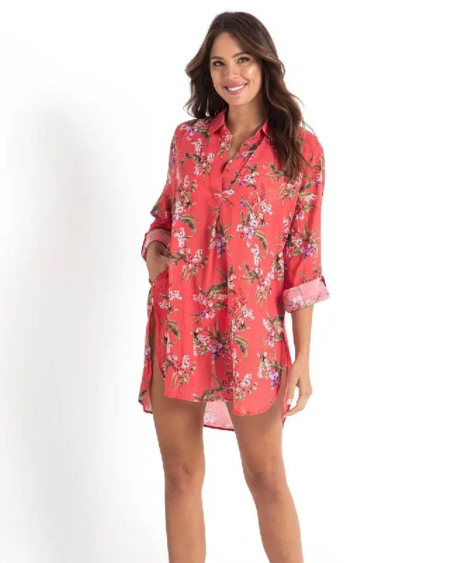 ladies cover-up extended length -Sunseeker SS91814 Brazil Painters Shirt - Coral