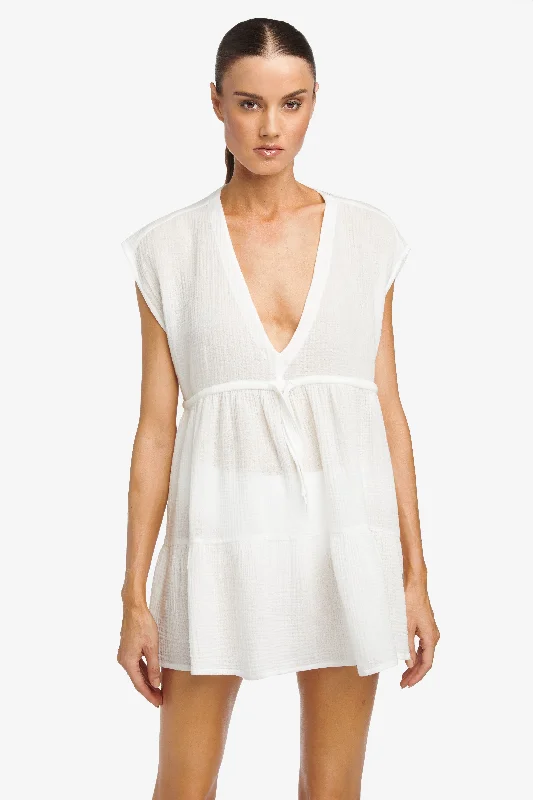 ladies cover-up airy drape -ROBIN PICCONE WHITE BUBBLE GAUZE FLOUNCY DRESS