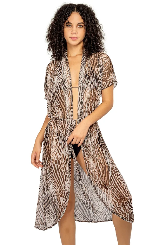 ladies cover-up summer splash -LONG DUSTER WITH TIE BELT - ANIMAL PRINT