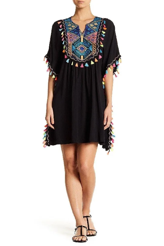 ladies cover-up cheetah pattern -Black Beach Kaftan Style Tunic with Multi Colored Tassels