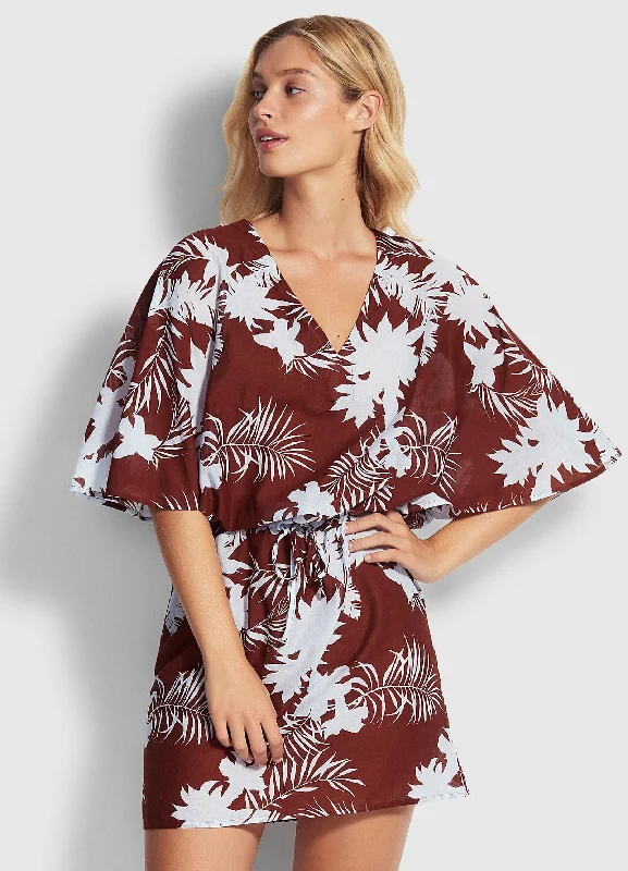 ladies cover-up sunken neck -Wild Tropics Kaftan - Amber