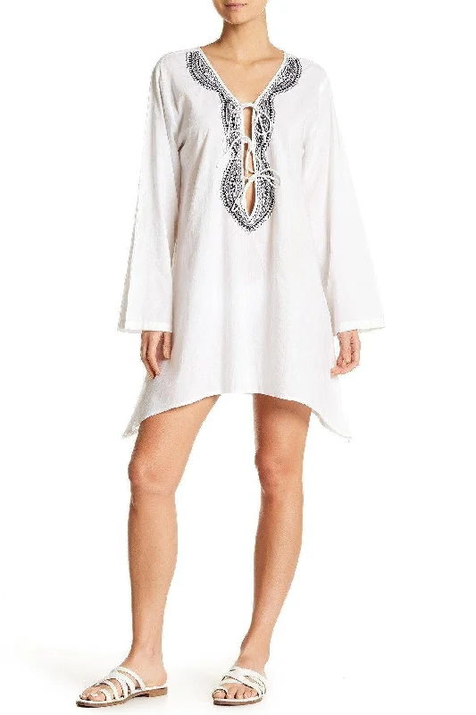 ladies cover-up anchor design -White Full Sleeved Beach Cover Up Dress with Embroidery