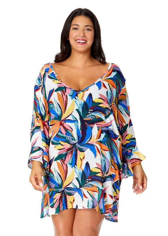 ladies cover-up no slip -Women's Plus Riviera Floral Flounce V Neck Tunic Swimsuit Cover Up