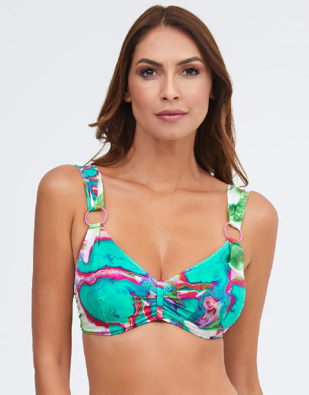 Women’s bikini top strapless soft flair -Frida Underwired Ring Bikini Top - Green Marble