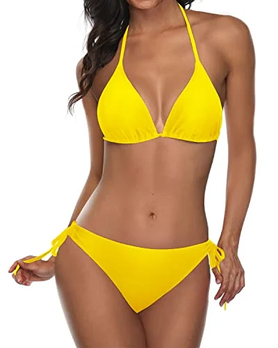 Women’s bikini top cream mesh glow -Halter Top Tie Side Bottom Women Two Piece Bikini-Neon Yellow