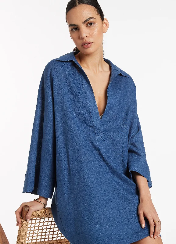 ladies cover-up fold slim -Jetset Pullover Kaftan - Pacific Blue