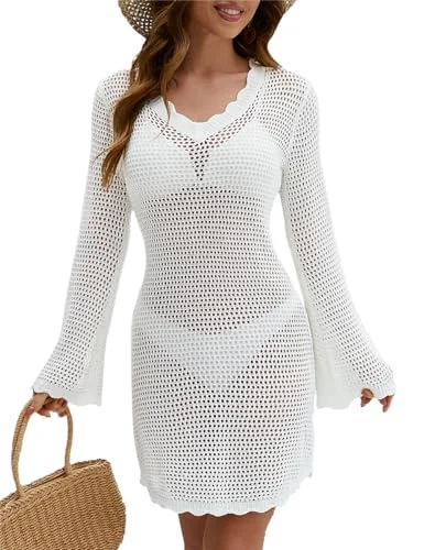 ladies cover-up faint flow -Summer Tunic Knit Swim Crochet Mesh Dress