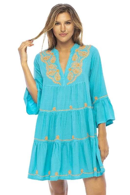 ladies cover-up peaked neck -Short Flowy Boho Print Dress with Embroidered V Neck