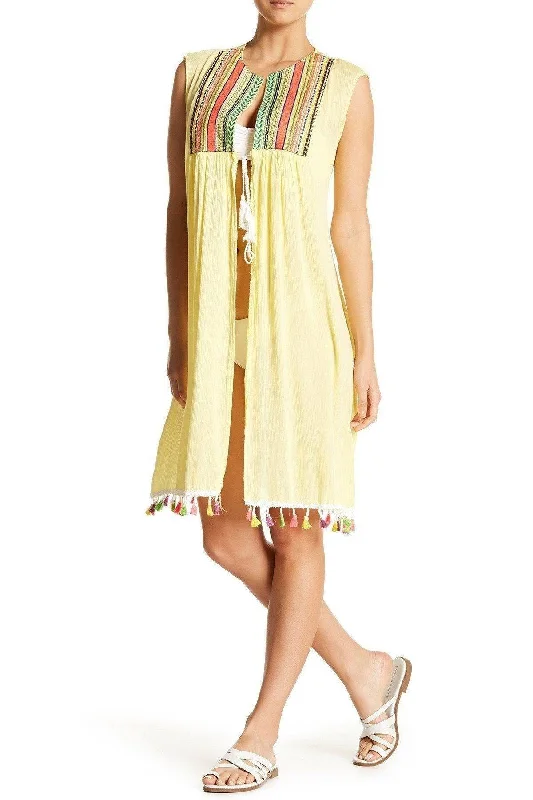 ladies cover-up orchid purple -Yellow Embroidered Sleeveless Kimono Cover Up Top with Tassels