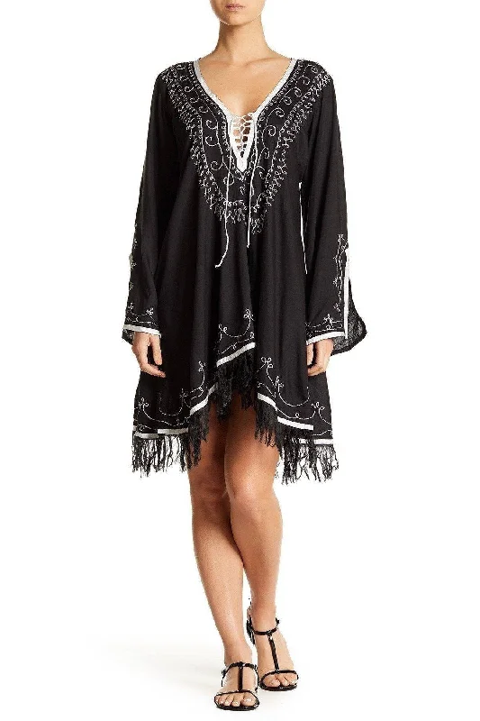 ladies cover-up tiled pattern -Summer Dresses - Comfy Black Cross Ties With Embroidery And Tassels | Beach Dresses