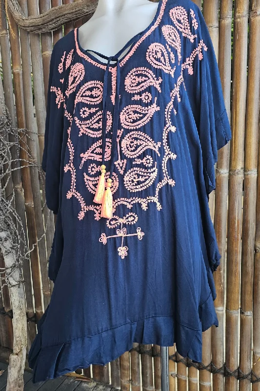 ladies cover-up tide style -Embroidered Rayon Navy Pink Kaftan