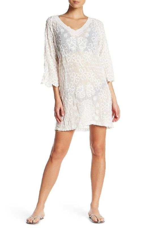 ladies cover-up diamond accent -Sheer White Tunic-Style Cover Up Over Swimsuits - Beach Tunics