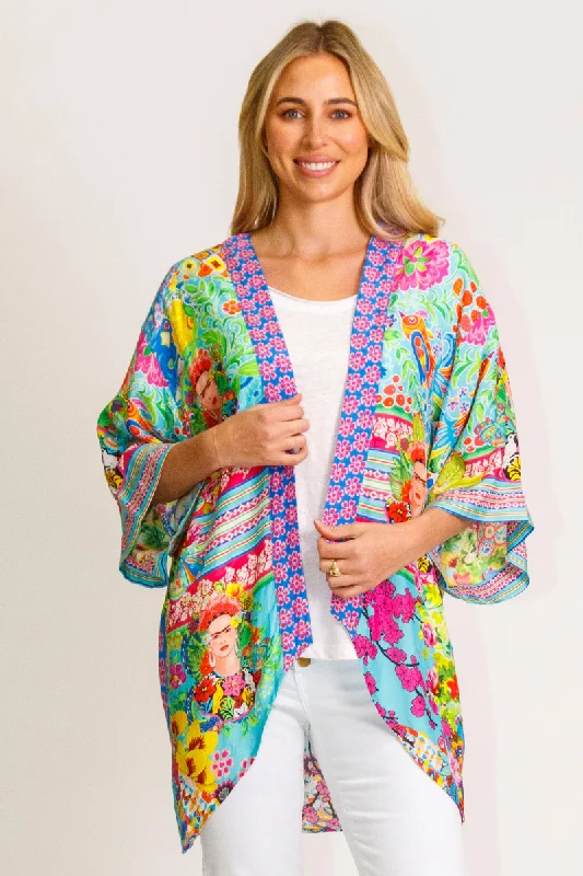 ladies cover-up shiny finish -Lula Lifa Bonita Short Kimono Frida Kahlo - On Sale