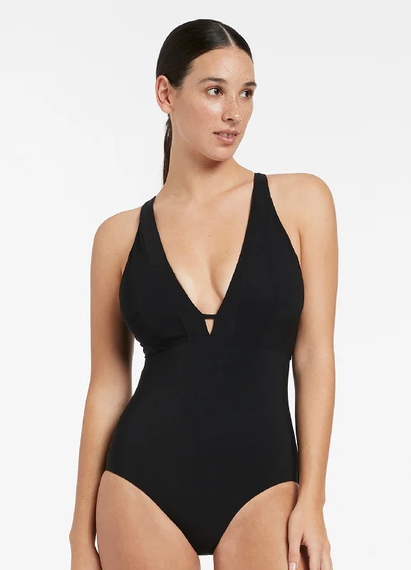 Women’s one-piece swimsuit glitter flair -Jetset E-F Clean Plunge One Piece - Black