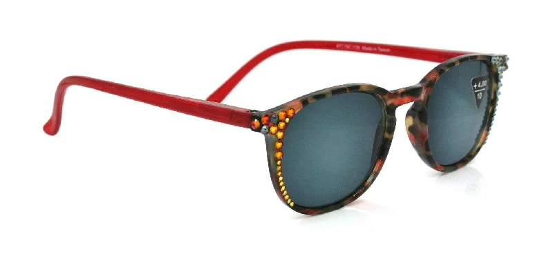 ladies sunglasses wild shade -Maya, (Bling) (Sunglass Reader) (No Bifocal) 4 Women W (Volcano, Hematite) Genuine European Crystals  (Red, Black) NY Fifth Avenue