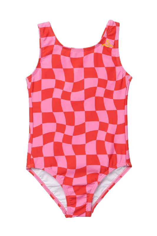 Women’s one-piece swimsuit luxury flair -Wavy Checks Swimsuit / Fuchsia