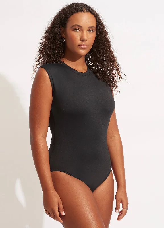 Women’s one-piece swimsuit tropical flair -Seafolly Collective Cap Sleeve One Piece - Black