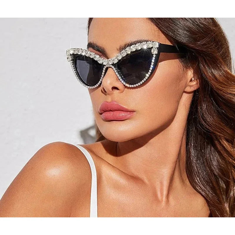 ladies sunglasses wrap style -Women's Gradient Luxury Designer Crystal Cat Eyes Sunglasses